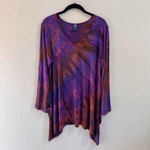 Vintage Y2K Blue Gecko Shirt Tunic L Tie Dye Red Purple Long Sleeve V-neck Boho